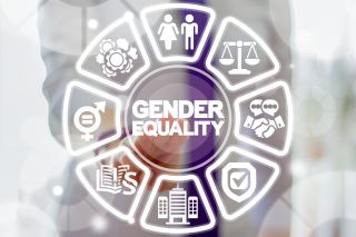 Business Gender Equality Work concept. Male Equals Female. Equal Pay, Salary, Fairness, Justice and Emancipation. Businesswoman clicks on a gender equality words surrounded by specific icons.
