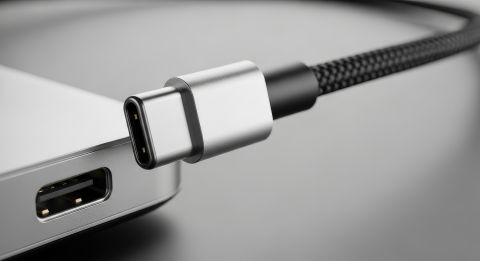 Close up of a usb type c cable plugged into a laptop port on a gray surface