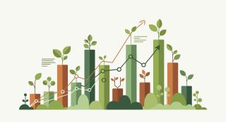 Sustainable business growth concept with plant bar chart infographic.
