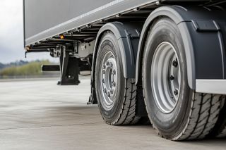 Close up view of truck tires on asphalt surface Generative AI
