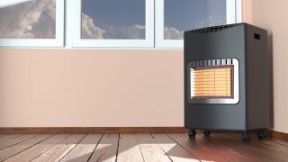 LPG gas heater. Portable indoor natural gas heater in a room. Heating home interior view. Original 3D render.