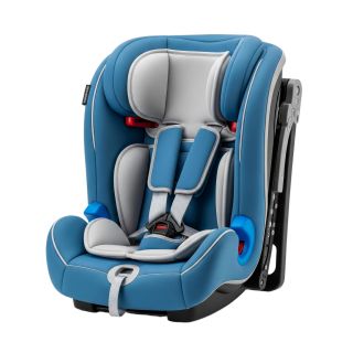 A blue and gray child car seat with a five-point harness system. The seat is designed for safety and comfort, suitable for infants and toddlers.