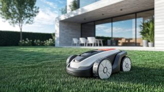 Robot tondeuse dans l'herbe du jardin, espace vide pour du texte