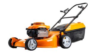 Orange lawn mower garden grass cutting equipment isolated transparent background